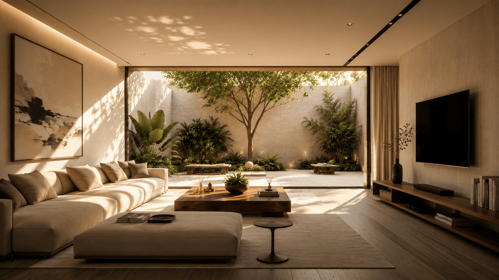 Sunlit living room opening onto a courtyard garden