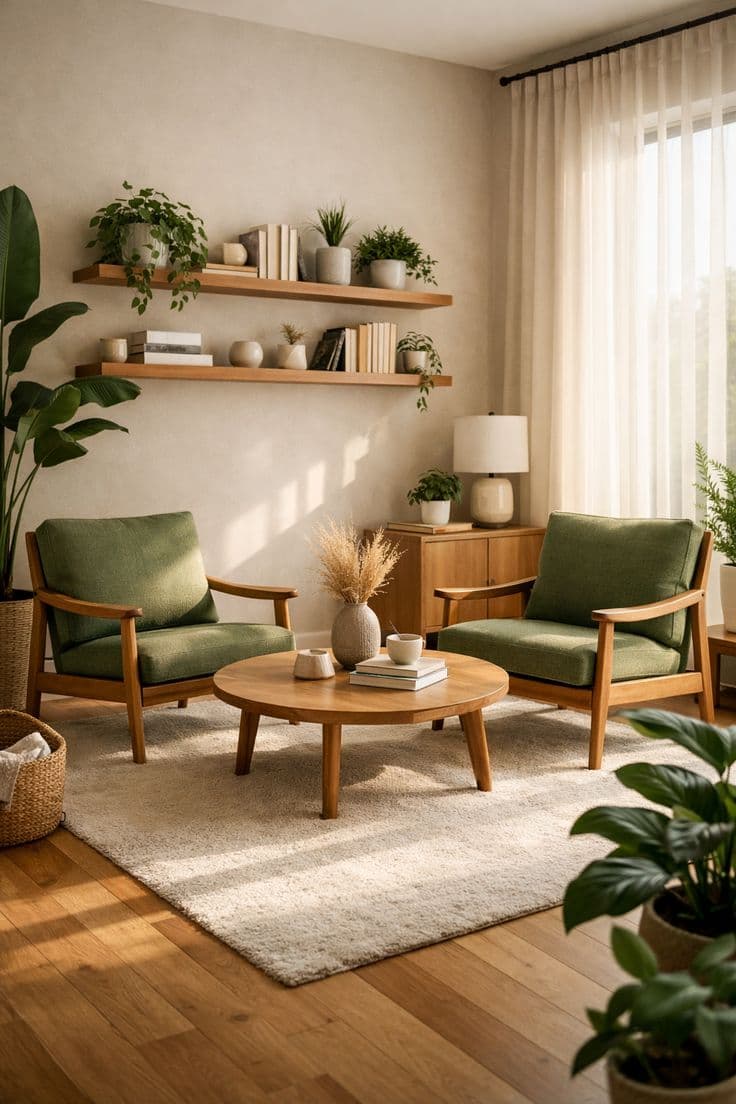 Studio seating with olive chairs and natural wood